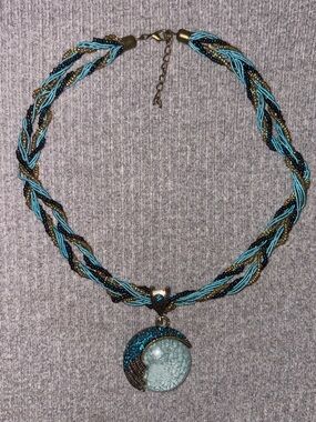 Bohemian celestial sun&moon turquoise necklace w blue & gold colored microbeads